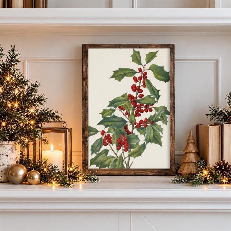 May include: A framed botanical print featuring a detailed illustration of a holly branch with vibrant green, spiky leaves and clusters of bright red berries set against a plain, off-white background within a dark brown wooden frame.