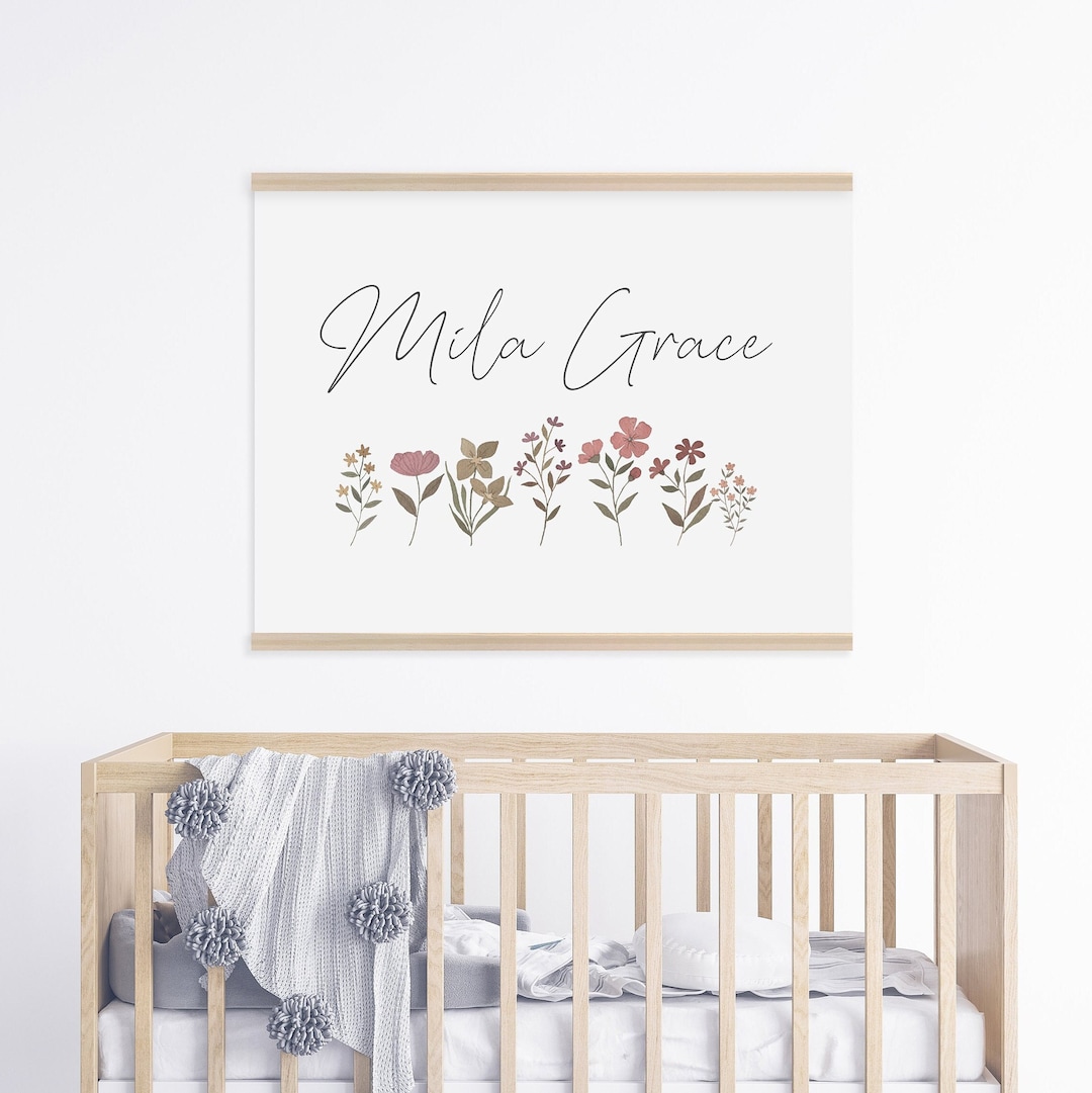 Custom Baby Name Wall Hanging, Floral Canvas Art, Personalized Baby