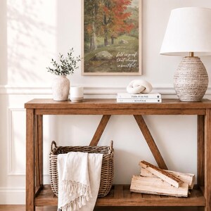 Handcrafted farmhouse canvas print with fall landscape and quote Fall is Proof That Change is Beautiful, wood framed wall art made in Western New York, available in multiple sizes and stain colors