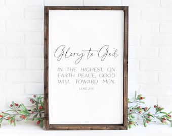 Luke 2:14 Christian Christmas Wall Art, Glory to God in the Highest Wooden Sign, Vertical Bible Verse Framed Wall Decor