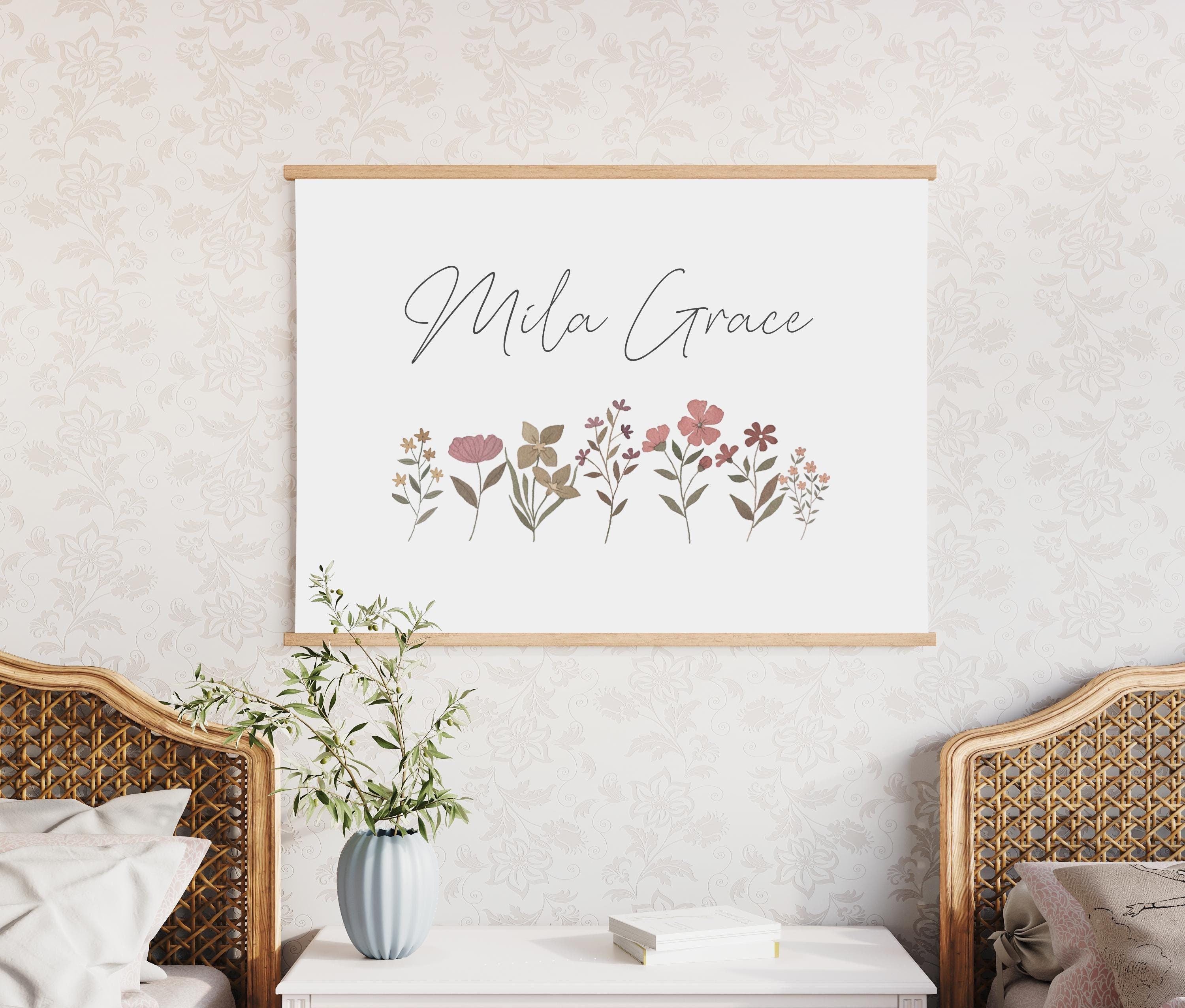 Custom Baby Name Wall Hanging, Floral Canvas Art, Personalized Baby Gift, Nursery Decor