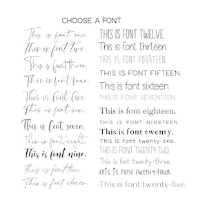 Pu&ograve; includere: Una tabella tipografica in bianco e nero intitolata CHOOSE A FONT, che mostra venticinque stili di carattere distinti. Ogni riga presenta il testo This is font seguito dal numero corrispondente in lettere, mostrando vari spessori, corsivi e stili.