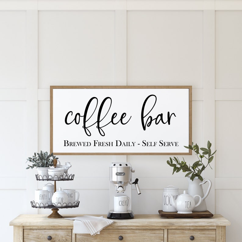 Coffee Sign Coffee Bar Brewed Fresh Daily Self Serve Sign Wood Sign Farmhouse Kitchen Decor Farmhouse Wall Decor Kitchen Sign image 1