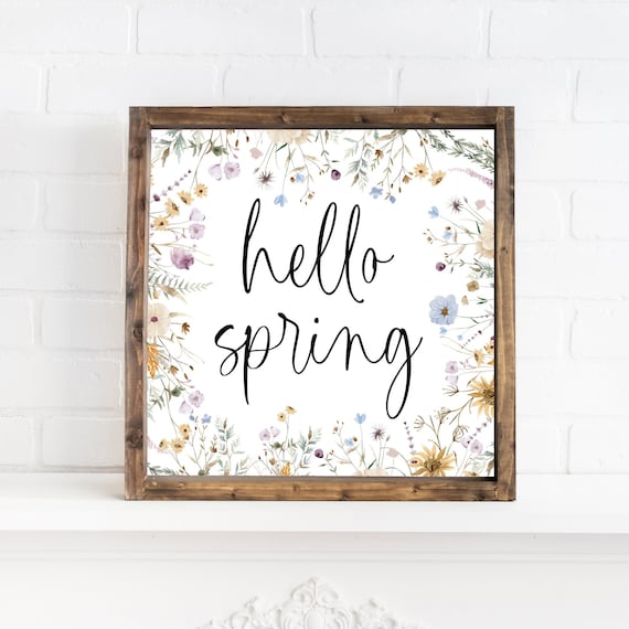 hello spring sign with flowers, floral framed wall art, spring decor, home wall decor for spring, botanical wall art, watercolor floral sign