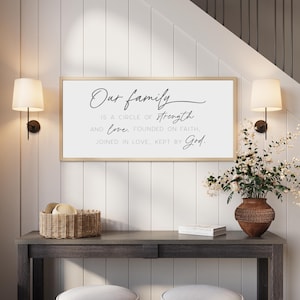 May include: A rectangular wall sign with a light wood frame featuring black script and serif text that reads: Our family IS A CIRCLE OF strength AND love. FOUNDED ON FAITH, JOINED IN LOVE, KEPT BY God. The sign has a white background and is mounted on a wall.