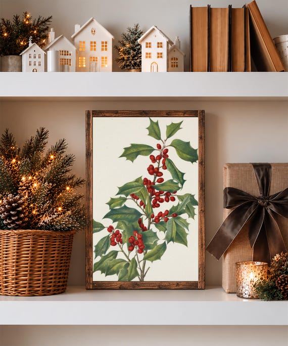 Winter Botanical Framed Print, Christmas Wall Art, Wooden Christmas Decor, Vintage Christmas Art, Christmas Botanical Art