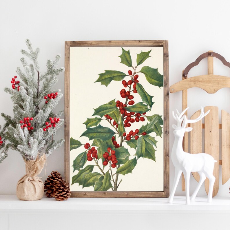 Christmas botanical art in wooden frame, holiday wall decor with greenery and berries