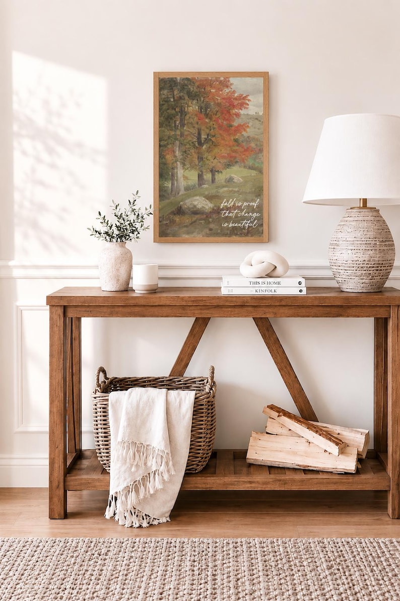 Handcrafted farmhouse canvas print with fall landscape and quote Fall is Proof That Change is Beautiful, wood framed wall art made in Western New York, available in multiple sizes and stain colors