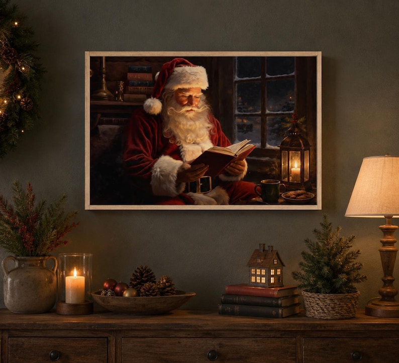 Santa Christmas Sign, Vintage Christmas Wall Art, Framed Wall Art, Santa Decorations, Holiday Sign, Santa Sign, Santa Wall Art image 1