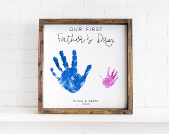 DIY our first fathers day hand print sign, Personalized gift from kids, Custom first fathers day craft gift from kids, hands down sign