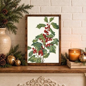 May include: A framed botanical print featuring a detailed illustration of green holly leaves and bright red berries against a cream-colored background, enclosed in a dark brown wooden frame with a visible grain texture.