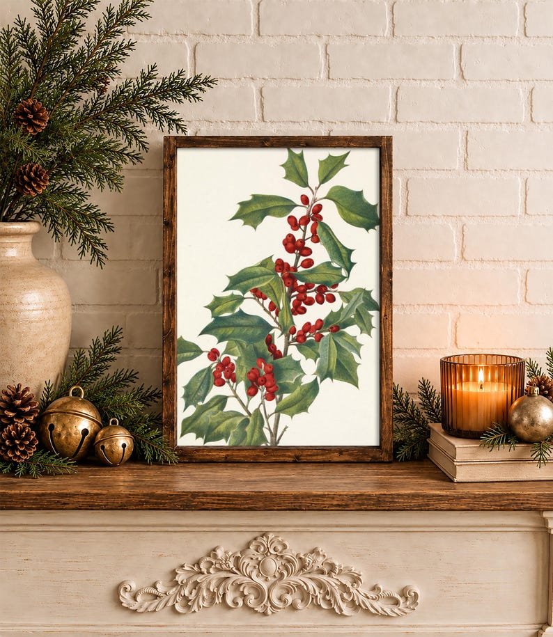 May include: A framed botanical print featuring a detailed illustration of green holly leaves and bright red berries against a cream-colored background, enclosed in a dark brown wooden frame with a visible grain texture.