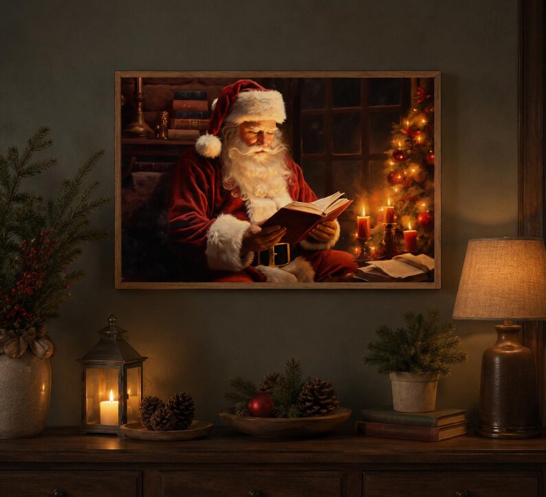 Santa Christmas Sign, Vintage Christmas Wall Art, Framed Wall Art, Santa Decorations, Holiday Sign, Santa Sign, Santa Wall Art image 2