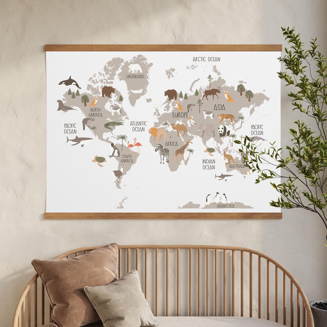 World Map Wall Art | Educational Kids Animal Map Tapestry | Nursery ...