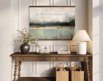 Be Still And Know Christian Tapestry Wall Art, Large Muted Abstract Canvas Wall Hanging