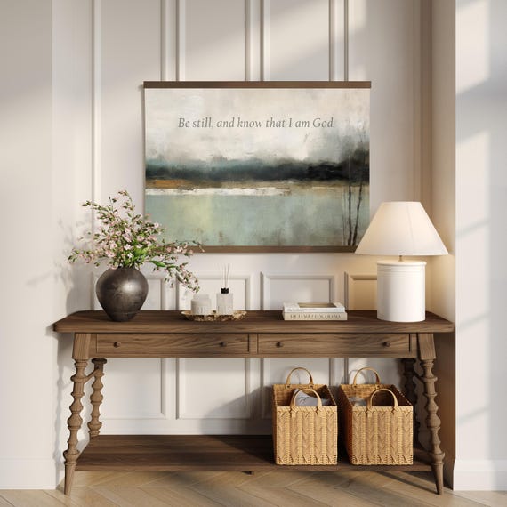 Be Still And Know Christian Tapestry Wall Art, Large Muted Abstract Canvas Wall Hanging