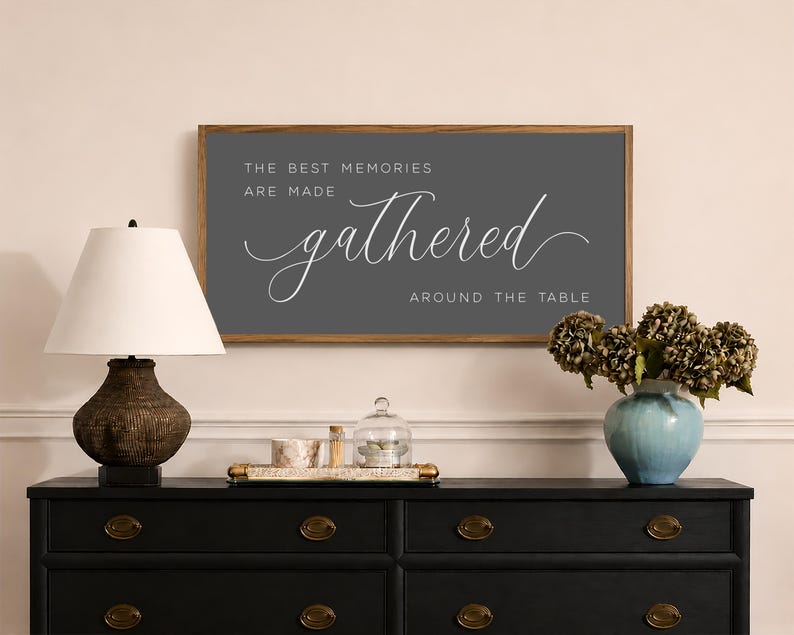 the best memories are made gathered around the table sign, dining room wall decor, kitchen sign, kitchen wall decor, farmhouse kitchen decor image 3