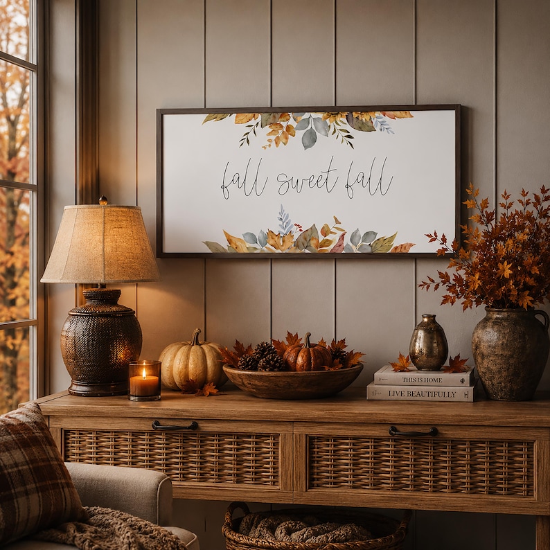 fall sign, fall botanical decor, fall sweet fall sign, wood framed signs, fall decorations for home, living room wall decor zdjęcie 3