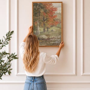 Handcrafted farmhouse canvas print with fall landscape and quote Fall is Proof That Change is Beautiful, wood framed wall art made in Western New York, available in multiple sizes and stain colors
