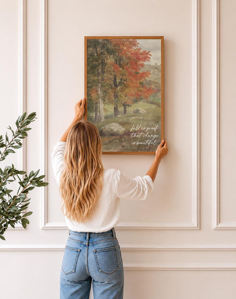 Handcrafted farmhouse canvas print with fall landscape and quote Fall is Proof That Change is Beautiful, wood framed wall art made in Western New York, available in multiple sizes and stain colors