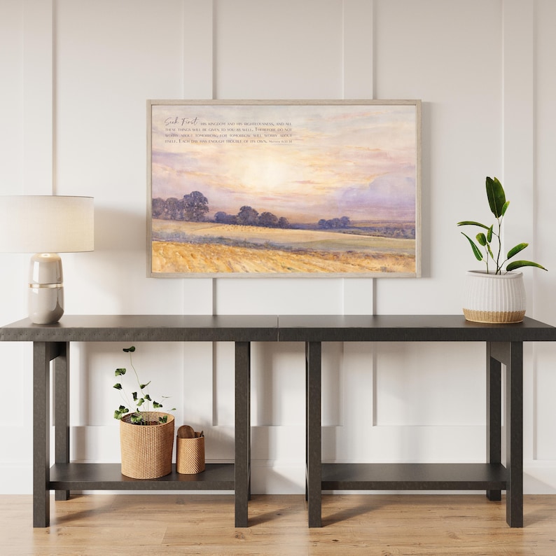 Matthew 6:33–34 framed scripture wall art with vintage sunset landscape and Bible verse
