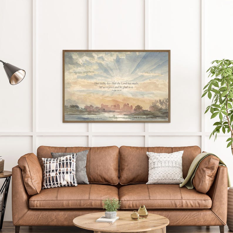 Wood framed Christian scripture wall art featuring Psalm 118:24 and sunset landscape