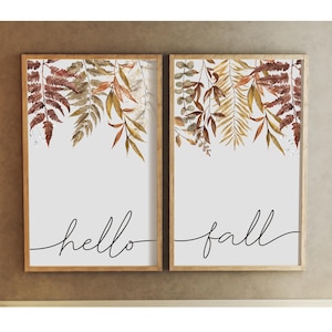 fall wall decor, hello fall sign, botanical wall art, fall decor, fall signs with leaves, wood framed signs, fall home decor, colorful signs image 1