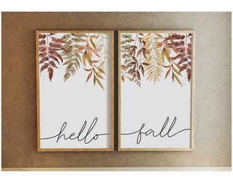 fall wall decor, hello fall sign, botanical wall art, fall decor, fall signs with leaves, wood framed signs, fall home decor, colorful signs
