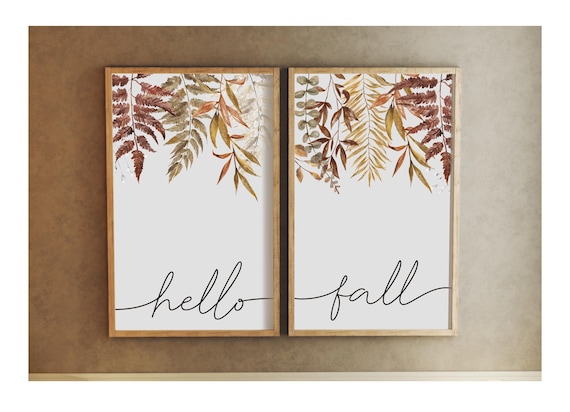 fall wall decor, hello fall sign, botanical wall art, fall decor, fall signs with leaves, wood framed signs, fall home decor, colorful signs
