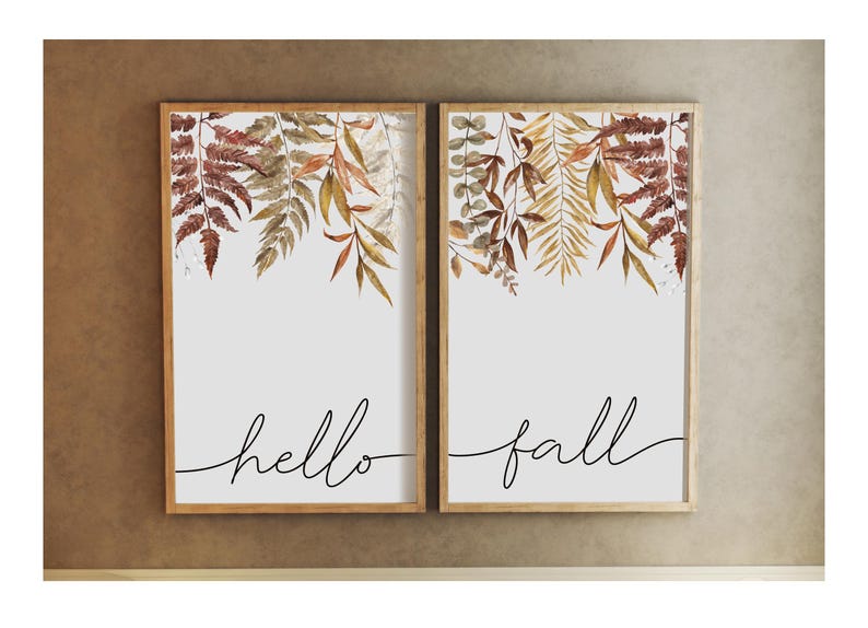 fall wall decor, hello fall sign, botanical wall art, fall decor, fall signs with leaves, wood framed signs, fall home decor, colorful signs image 1