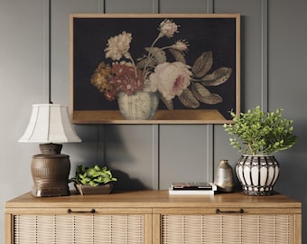 Framed Vintage Floral Oil Painting Print: Cottagecore Wall Art