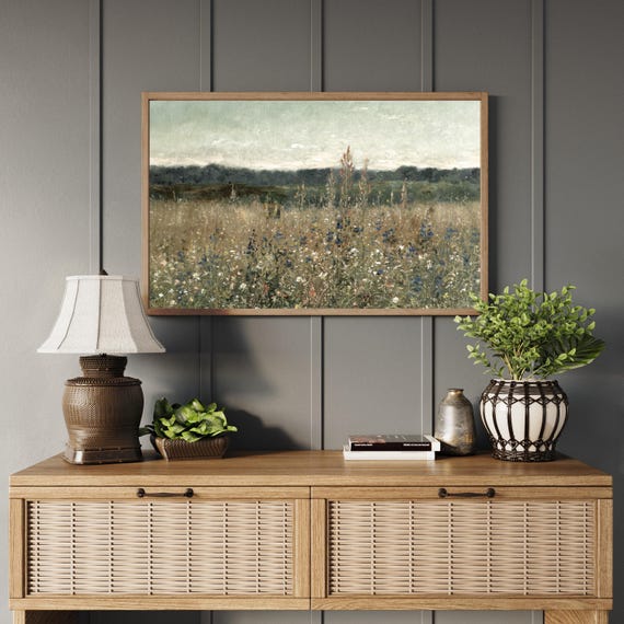 Vintage Wildflower Field Framed Wood Sign | Botanical Meadow Landscape Wall Art | Large Rustic Home Decor