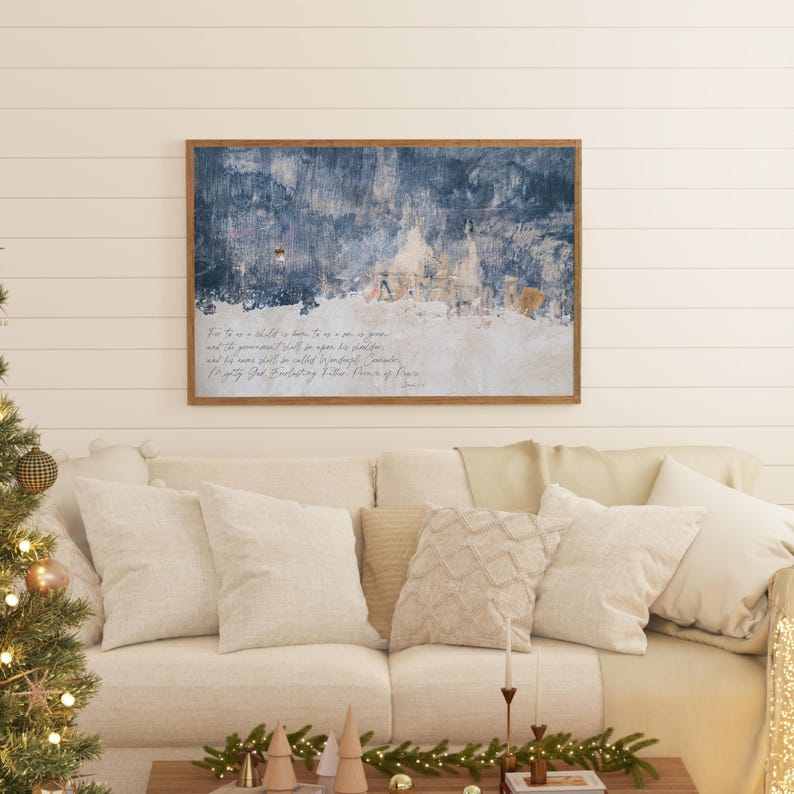 Large Christian Christmas Abstract Wall Art, Isiah 9:6 Scripture, Framed Abstract Christmas Decor, Living Room Wall Art, Framed Canvas Art image 3