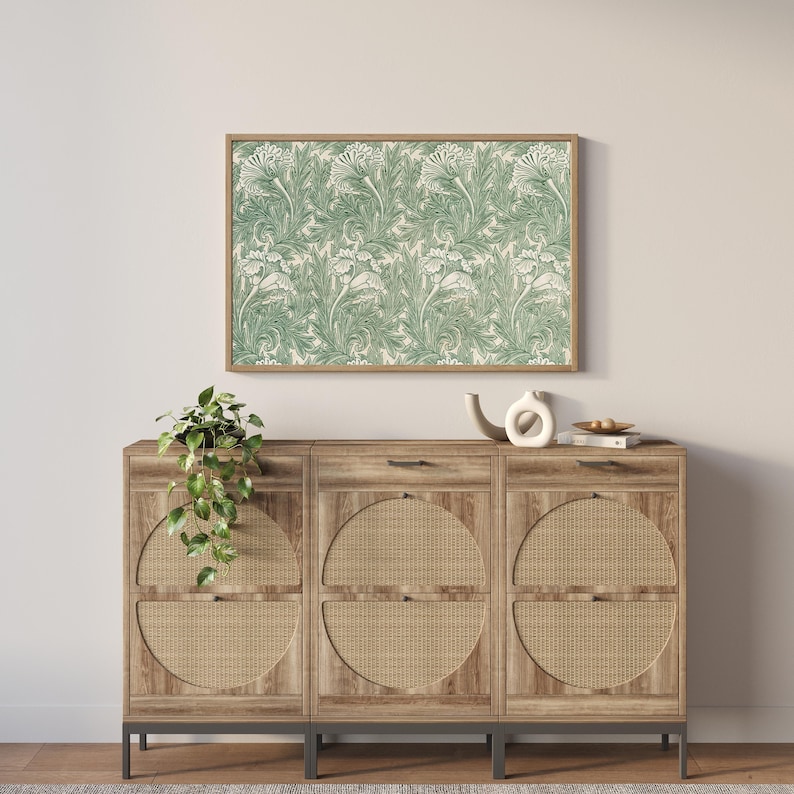 William Morris botanical textile wall art framed in wood