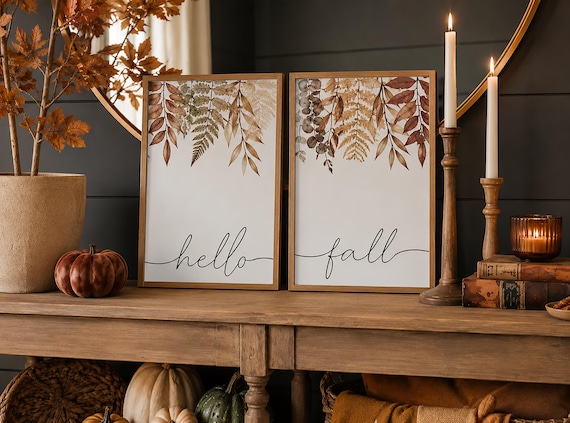fall wall decor, hello fall sign, botanical wall art, fall decor, fall signs with leaves, wood framed signs, fall home decor, colorful signs