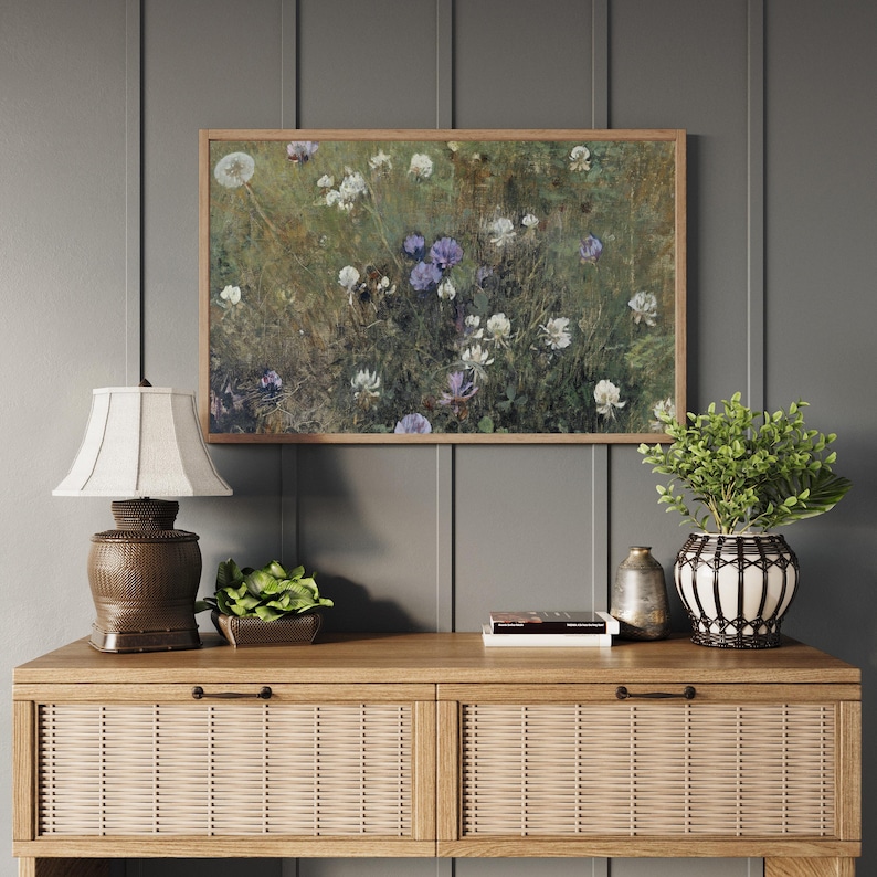 Vintage wildflower floral landscape mounted in a wood frame