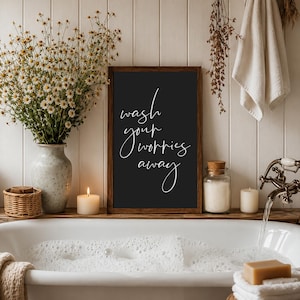 Wash Your Worries Away Sign, Bathroom Wall Decor, Vertical Wood Wall Art Bild 2
