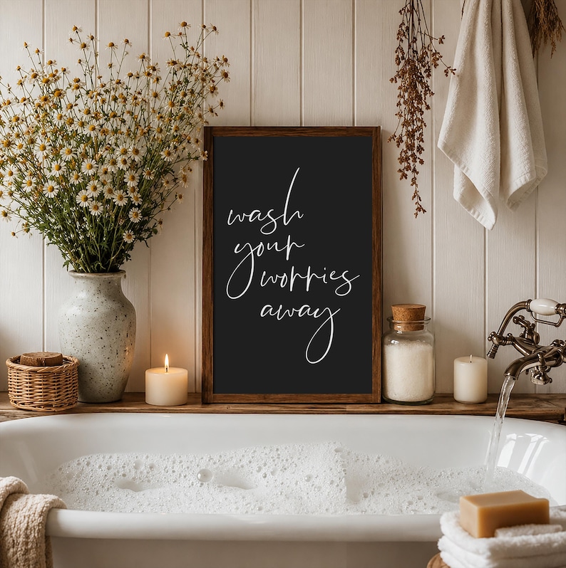 Wash Your Worries Away Sign, Bathroom Wall Decor, Vertical Wood Wall Art Bild 2