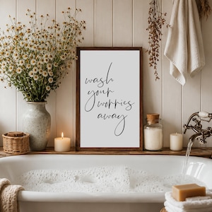 Wash Your Worries Away Sign, Bathroom Wall Decor, Vertical Wood Wall Art