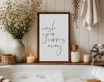 Wash Your Worries Away Sign, Bathroom Wall Decor, Vertical Wood Wall Art