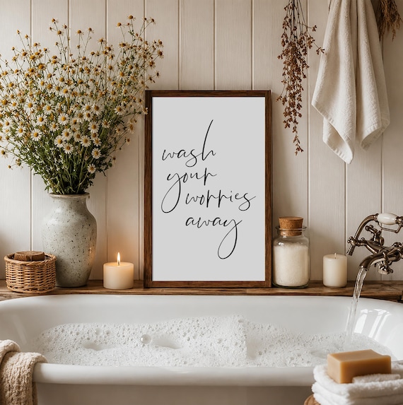 Wash Your Worries Away Sign, Bathroom Wall Decor, Vertical Wood Wall Art
