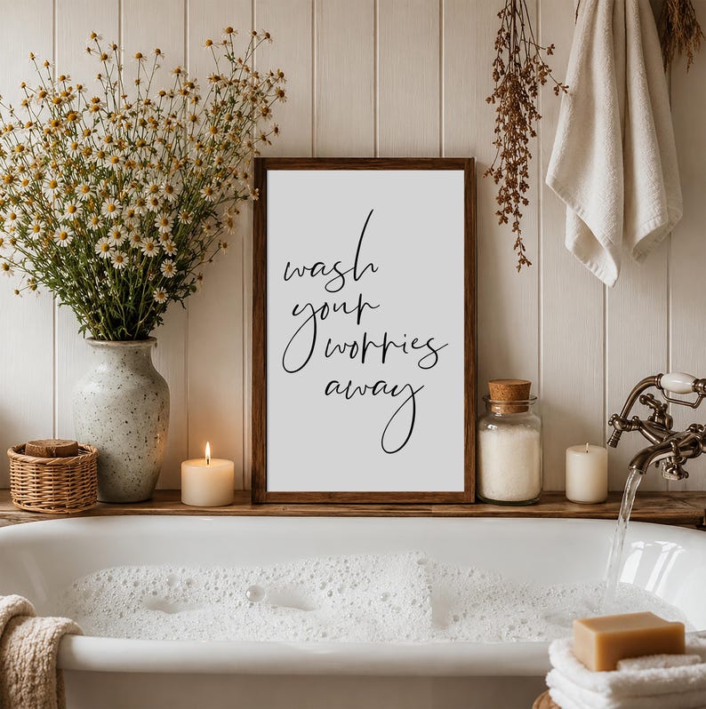 Wash Your Worries Away Sign, Bathroom Wall Decor, Vertical Wood Wall Art Bild 1