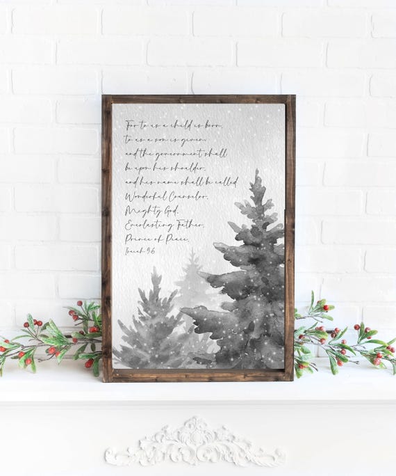 Isaiah 9:6 Christmas Wall Art – Rustic Framed Bible Verse Sign, Black and White Winter Pine Tree Print, Christian Holiday Wall Decor