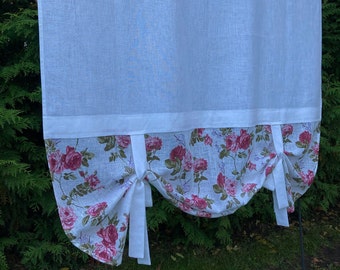 Roman curtain panel with ties. Linen floral curtains Roll up shade. Linen Window panel.