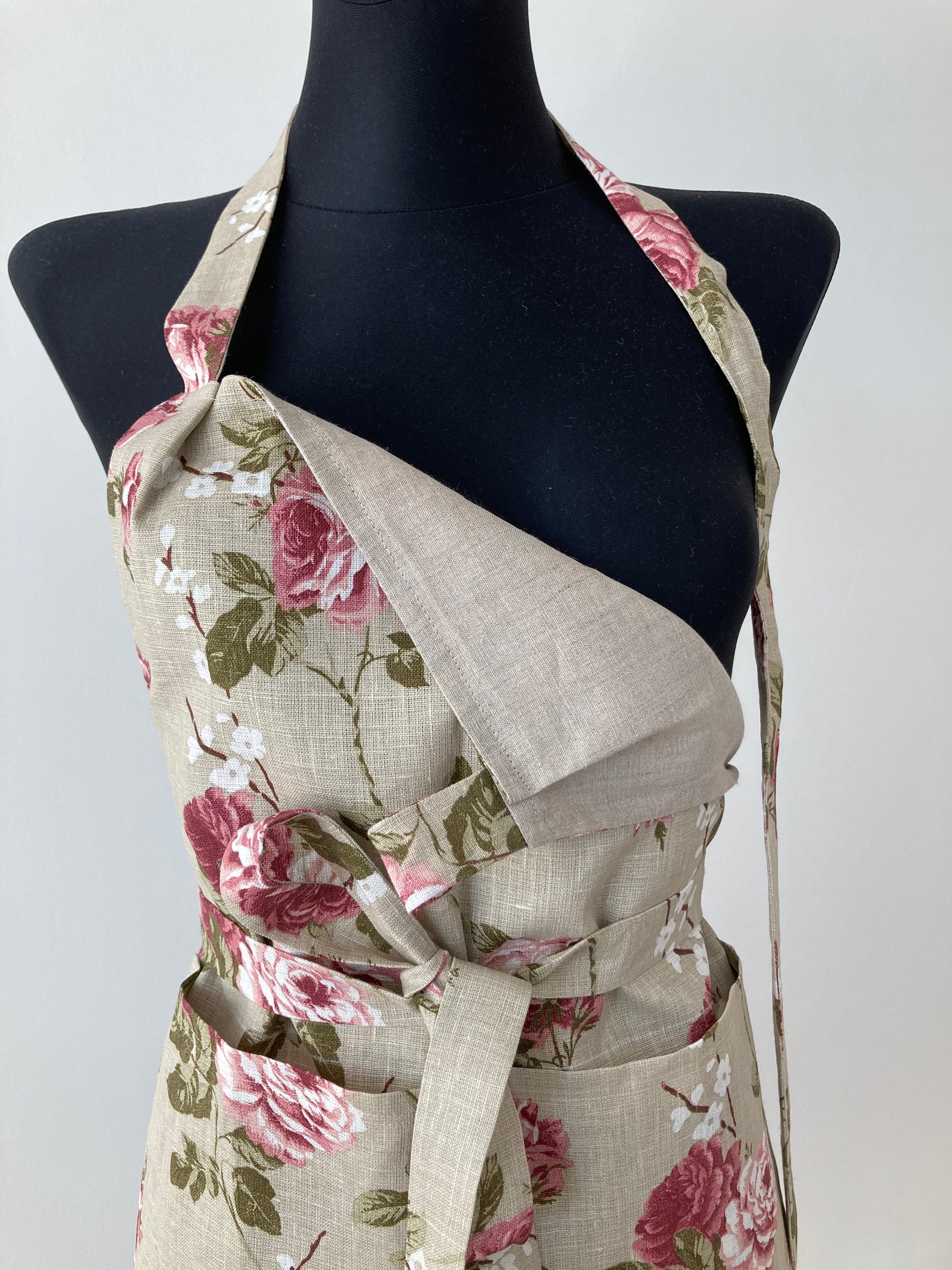 Roses Print Floral Apron. Linen Apron Shabby Chic. Retro Flax Apron ...