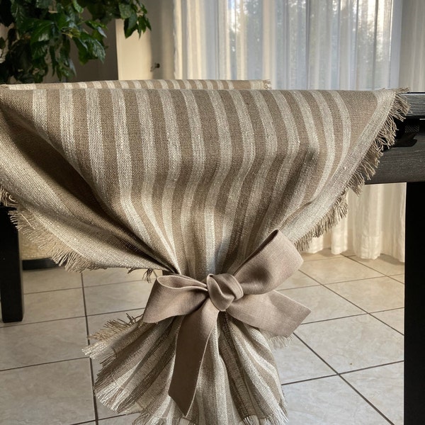 Beige Striped Table Runner, Linen Table Runner, Farmhouse Table Runner, Summer Table Runner. White and natural ribbon ties included