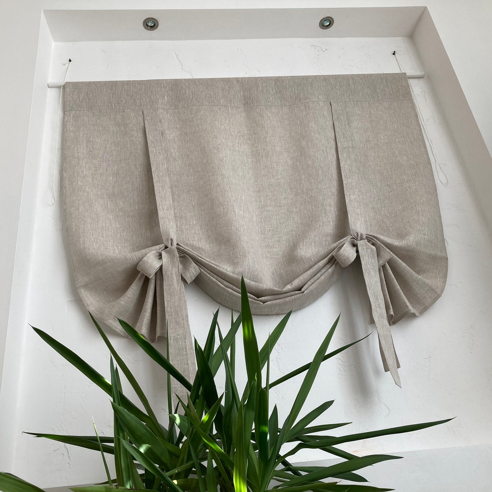 Natural Linen Valance Roman Shades Custom Made Ribbon Ties Rod Etsy