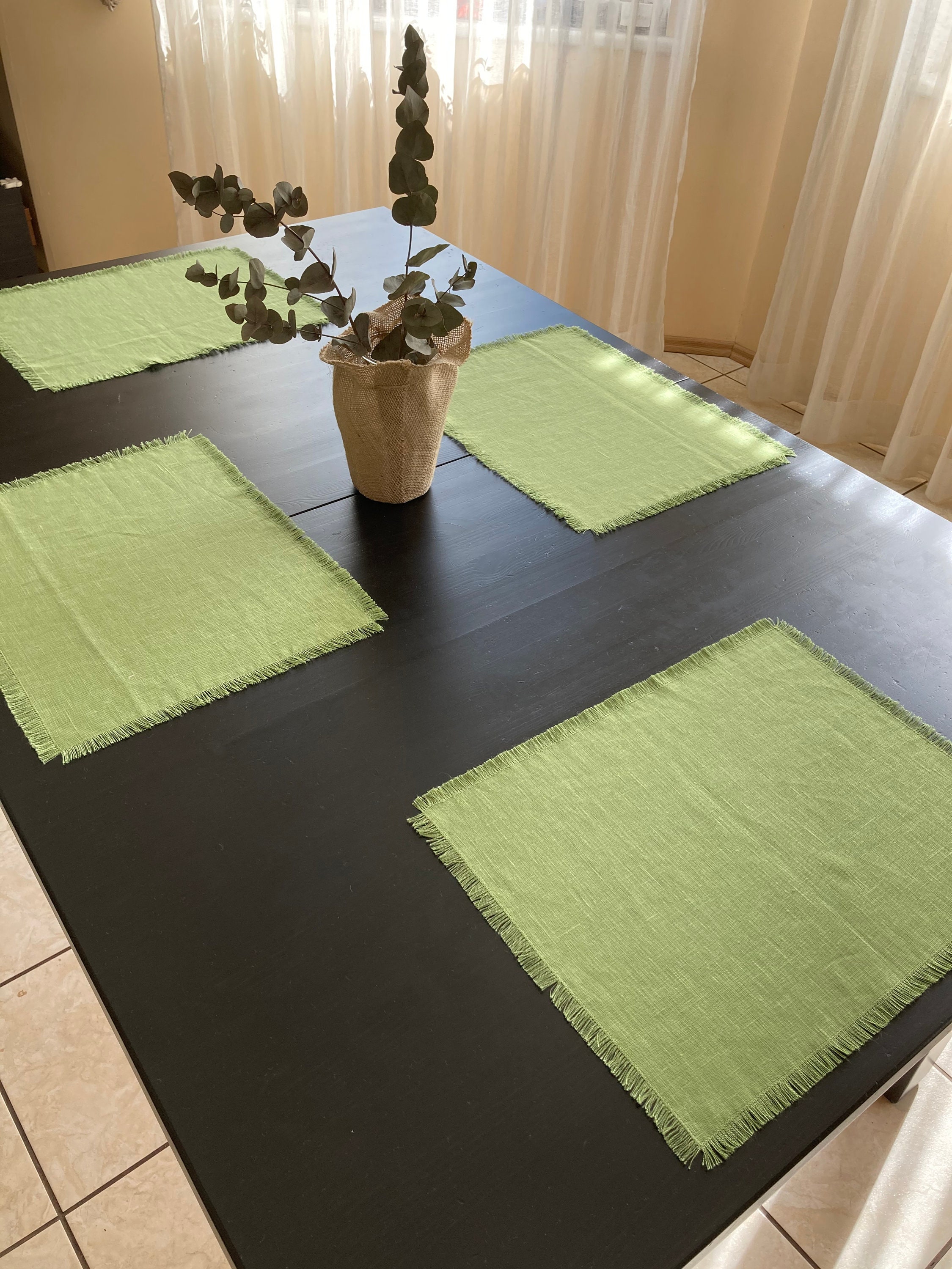Green Placemat Set, Rustic Linen Placemats, Handmade Fabric Placemats, Country House Placemats