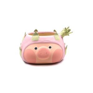 Peut inclure: Un pot de fleurs en céramique en forme de cochon avec une texture de peau de fruit du dragon. L'extérieur est rose clair avec des joues rose foncé, des yeux noirs et un museau. Il présente des protubérances vertes pointues et une tige feuillue.