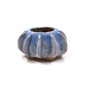 Puede incluir: Un pequeño cuenco de cerámica con una forma redondeada única. El cuenco es principalmente azul claro con detalles en azul oscuro y un toque de verde. El interior es marrón cálido y terroso. El diseño recuerda a una flor o criatura marina.